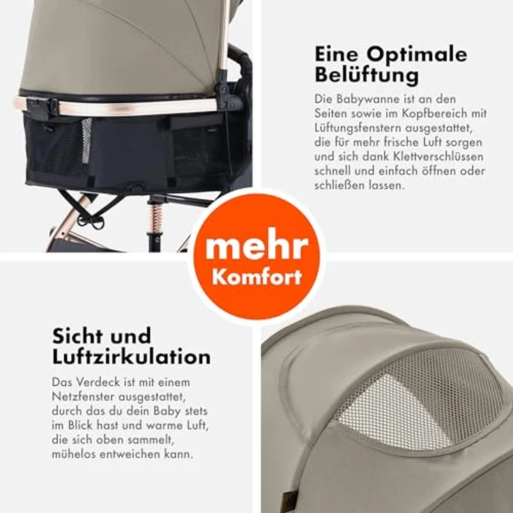 Daliya® NEOMOVE 2in1 Kombikinderwagen, Babywanne & Sportsitz in Gold und Beige, leichter Aluminium-Rahmen, faltbar, für Stadt und Gelände, mit großem Einkaufskorb – Bild 6