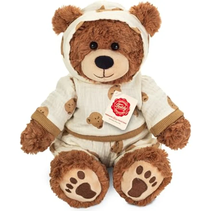 Teddy Hermann Teddybär Leonie 30 cm, Schlafanzugbär in braun/weiß mit Kapuze und Bärchen-Motiv – Bild 1