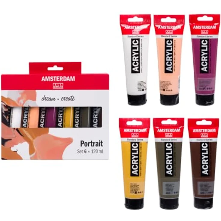 Amsterdam Standard Serie Acrylfarben Set Portrait Set, 6 x 120 ml Tuben, Mischfarben für verschiedene Hauttöne, seidenmatte Oberfläche – Bild 1