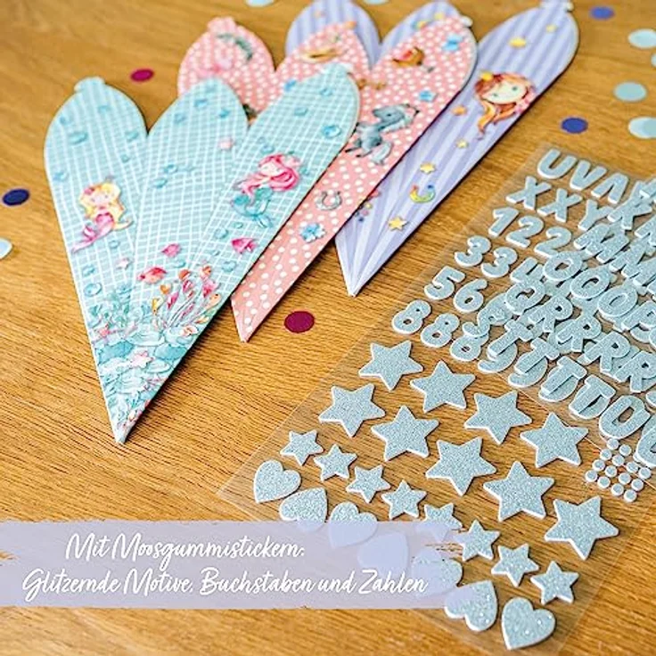 Papierdrachen 3 Bedruckte Schultüten zur Einschulung, 24,5 cm groß, in Rosa und Türkis, inkl. dekorativen Moosgummi Aufklebern – Bild 4