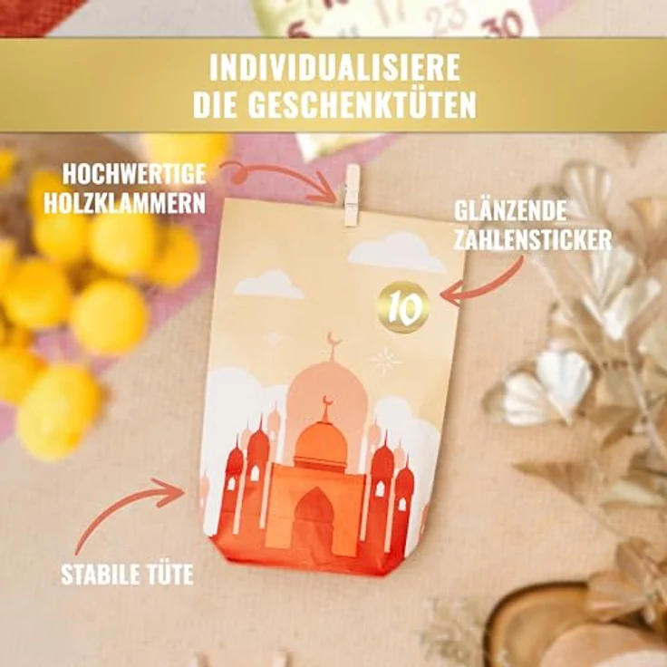 AMARI ® Ramadan Tüten (30 Tüten inklusive Sticker & Klammern) - Ramadankalender zum Befüllen - Ramadan Kalender Tüten - Ramadan Kalender Bastelset – Bild 4