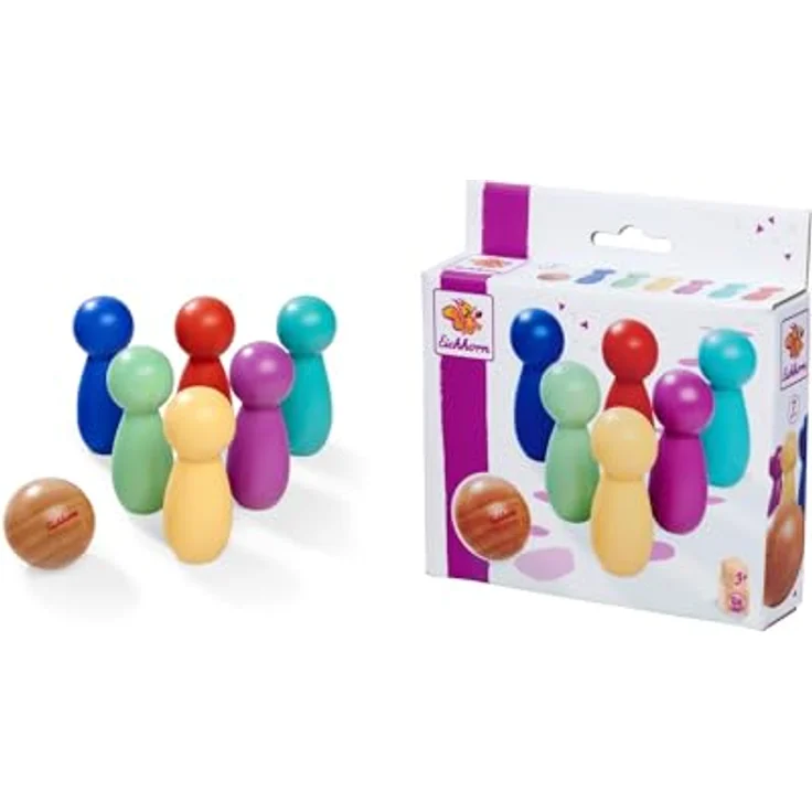 Eichhorn Bowling Spielset, 7-teilig mit 6 bunten Pins und Holzkugel, aus Birkenholz, für Kinder ab 3 Jahren – Bild 1