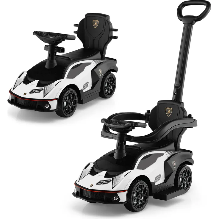 COSTWAY Lamborghini Rutschauto, 3-in-1 Rutschfahrzeug mit Schiebstange, Stauraum, Lenkrad, Hupe und Motorsound, geeignet für Kinder ab 1 Jahr, Farbe Weiß