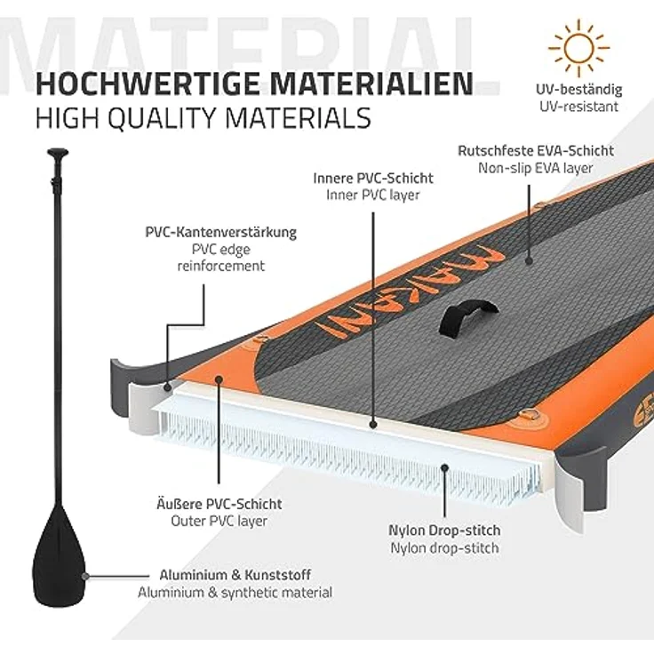 ECD Germany Aufblasbares Stand Up Paddle Board Makani, 320 x 80 x 15 cm, Orange, PVC, bis 120 kg, inkl. Pumpe, Tragetasche und Zubehör – Bild 5