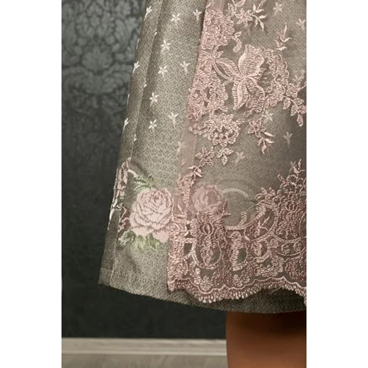 Edelnice Midi Dirndl Claire, Vintage-Charme mit roséfarbenen Knöpfen und altrosa Spitzenschürze, Damen Trachtenkleid, dunkelgrau – Bild 7