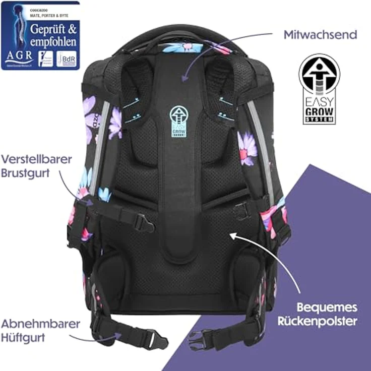 Coocazoo PORTER Schulrucksack „Floral Artnight”, schwarz-blau, ergonomisch, höhenverstellbar, mit Brustgurt & Hüftgurt, für 3. Klasse, 5 Fächer, reflektierend, nachhaltig – Bild 4