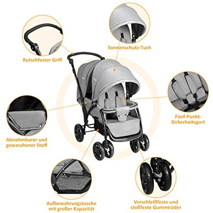 GOPLUS Geschwisterwagen Zwillingswagen, Kinderbuggy Klappbar, Buggy Zwilinge, Kinderwagen Babybuggy, Babywagen Grau, für Babys ab 6 Monate – Bild 8