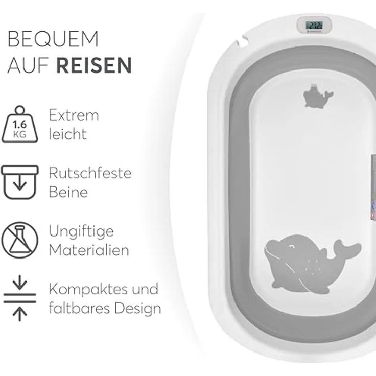 KikkaBoo Babybadewanne WILLY, Faltbar mit Temperaturanzeige, Weichem Badekissen und Rutschfesten Beinen, Grau, für Neugeborene 0-36 Monate – Bild 3
