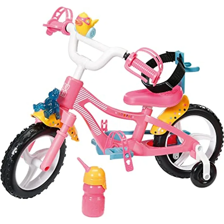 BABY born Puppenfahrrad 835449, rosa mit Stützrädern, Sicherheitsgurt, Blinklicht, Hupe und Flasche für 43cm Puppen