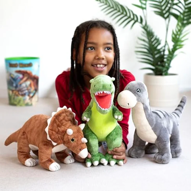 Depesche 12683 Dino World - Kuscheltier Dinosaurier Brachiosaurus mit grauem Fell und Glitzeraugen, ca. 37 cm groß – Bild 4