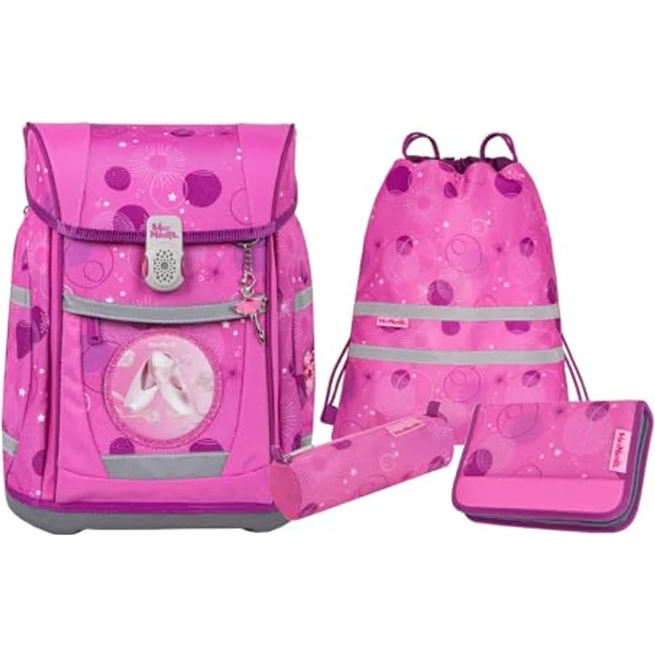 McNeill Schulranzen Tenero, Pinky (Set, 5-tlg) mit Federmäppchen, Turnbeutel, Schlamperrolle & Motivmagnet, leichtgewichtig, ClickFlex Rückensystem, reflektierendes Magnetschloss, gepolsterte Schultergurte – Bild 1