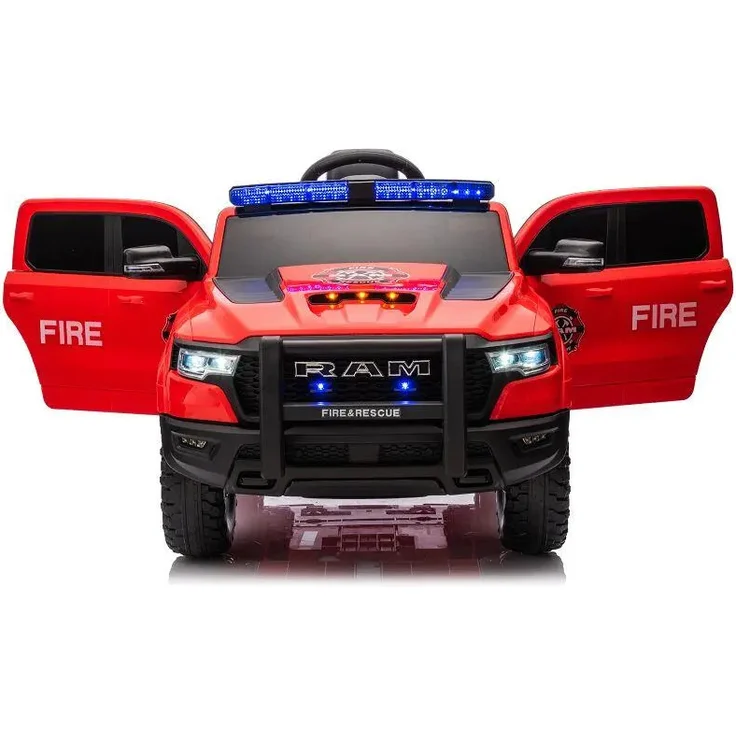 ES-TOYS Kinderfahrzeug Elektro Auto „Feuerwehr Dodge RAM“ - 4 Motoren, 2,4Ghz Fernsteuerung, MP3+Sirene, Rot