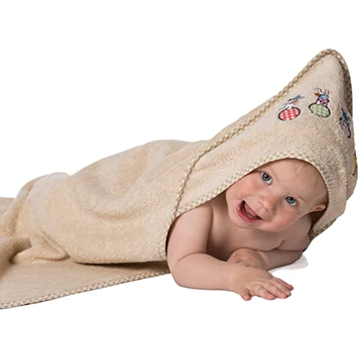 ZOLLNER Baby Kapuzenbadetuch, Kapuzenhandtuch, 100x100 cm, aus 100% Baumwolle, beige – Bild 1