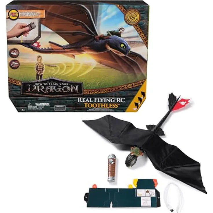 Dreamworks Dragons Ohnezahn, fliegender Drache mit Fernbedienung, 76 cm Flügelspannweite, USB-aufgeladen, Spielzeug für Kinder ab 4 Jahren