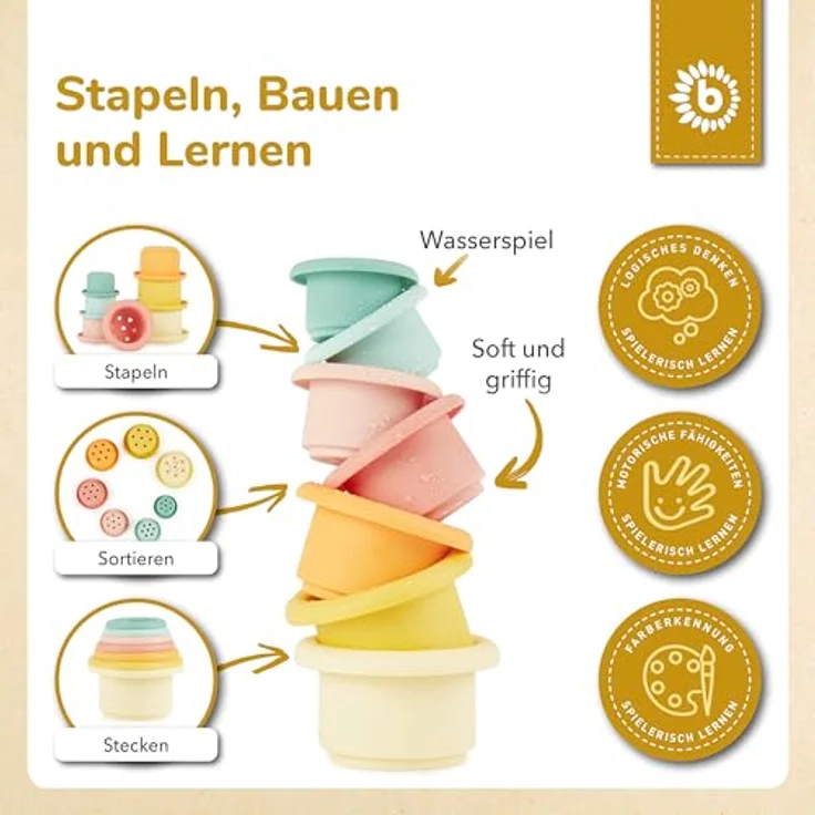 BIECO Silikon Stapelbecher Tropical Vibes, 7-teiliges Set aus lebensmittelechtem Silikon für Kinder ab 12 Monaten, fördert motorische Fähigkeiten – Bild 3