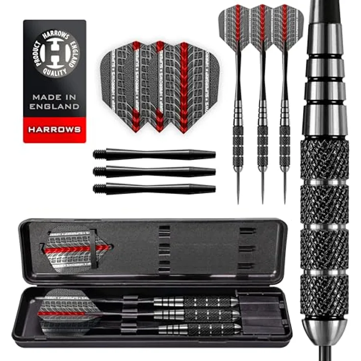 Harrows Black Jack Darts-Set, Steeldarts mit Edelstahlspitze, 18 g, 20 g, 22 g, 24 g, inklusive Speedline-Schäften, Supergrip-Flights und Reiseetui
