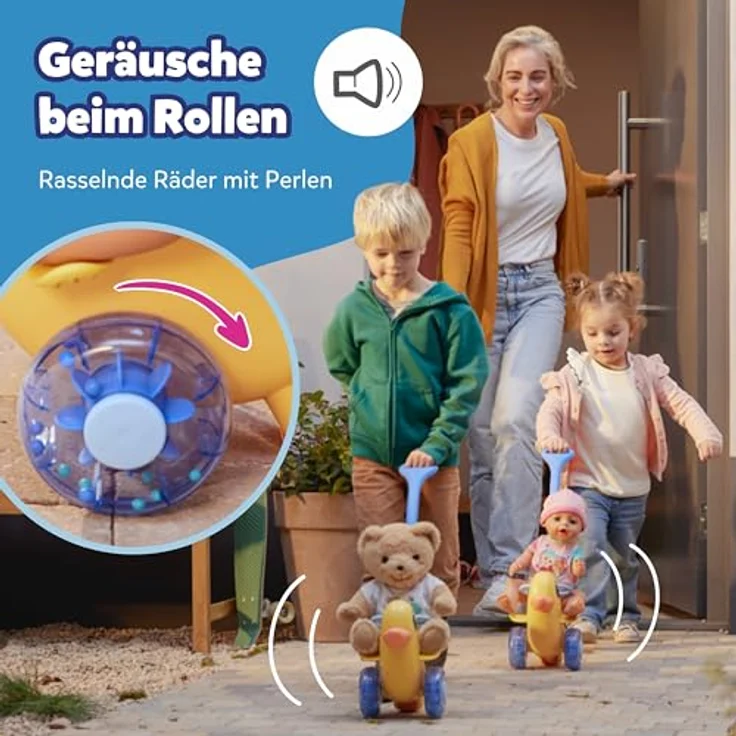 BABY born Schiebe-Berta, Puppenzubehör mit Lenkstange und Rassel-Rädern, für 36 cm & 43 cm Puppen, Gelb, geeignet für Kinder ab 3 Jahren – Bild 3