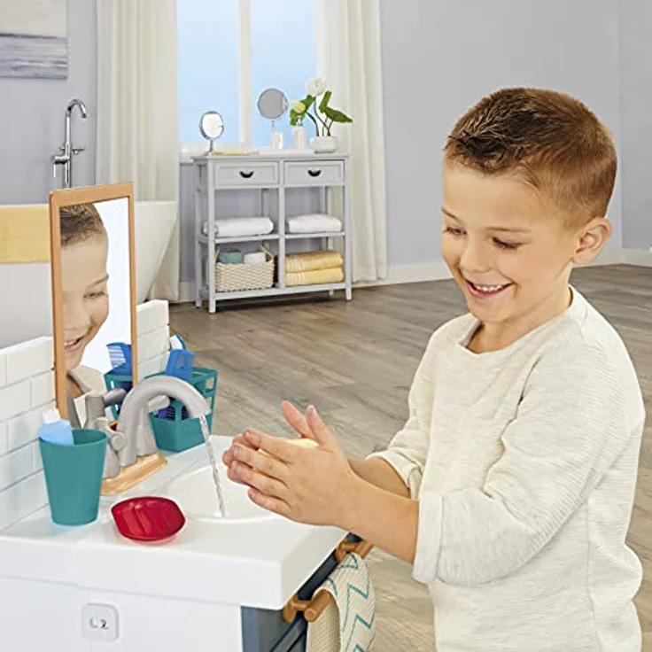 Little Tikes Erstes Waschbecken mit echtem Wasserhahn, interaktives Rollenspiel mit 12 Badezimmer-Accessoires, mehrfarbig, für Kinder ab 2 Jahren – Bild 3