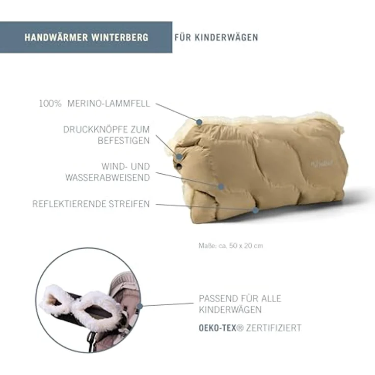 Fellhof® Kinderwagen Handwärmer Winterberg, 100% Merino-Lammfell, wind- und wasserabweisend, reflektierende Streifen, Universalgröße, beige – Bild 2