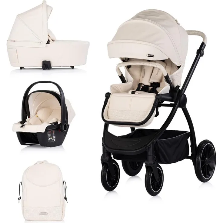 Chipolino Prestige 3-in-1 Kombikinderwagen, inklusive Babywanne, Rucksack und i-Size Babyschale, beige-schwarz, für Kinder von 0 bis 22 kg, mit verstellbarem Griff und großem Stauraum