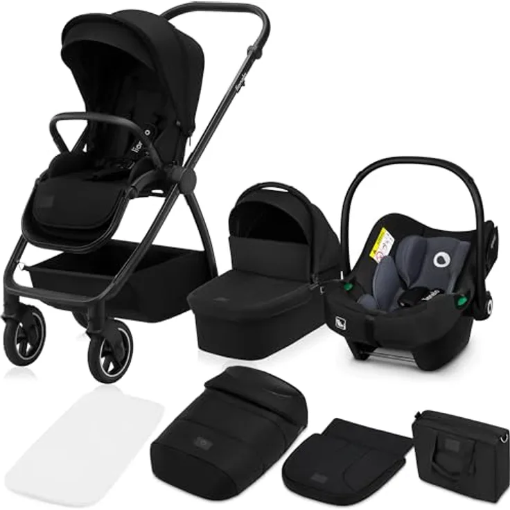 Lionelo Meril 3-in-1 Kombikinderwagen, XL-Babywanne bis 9 kg, ADAC-zertifizierter Kindersitz bis 13 kg, geländegängige Gummiräder, vollgefederte Konstruktion - Black