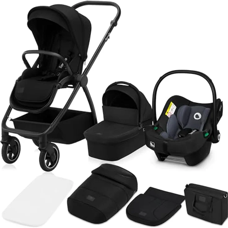 Lionelo Meril 3-in-1 Kombikinderwagen, XL-Babywanne bis 9 kg, ADAC-zertifizierter Kindersitz bis 13 kg, geländegängige Gummiräder, vollgefederte Konstruktion - Black – Bild 1