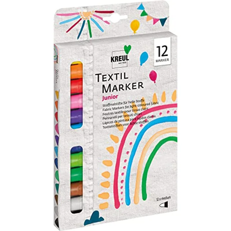 KREUL 90720 - Textil Marker medium Junior, 12 Stoffmalstifte für helle Textilien, mit großer unempfindlicher Faserspitze, Strichstärke circa 2-4 mm, waschecht nach Fixierung