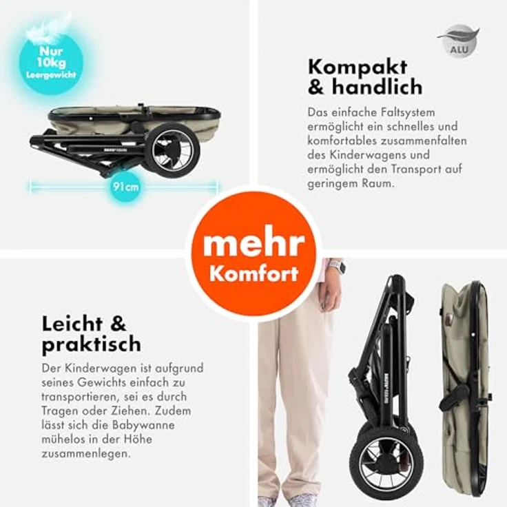 Daliya FLEXI-PRO M 2in1 Kombikinderwagen, klappbar, höhenverstellbar, mit Liegefunktion und großem Einkaufskorb, Beige – Bild 6