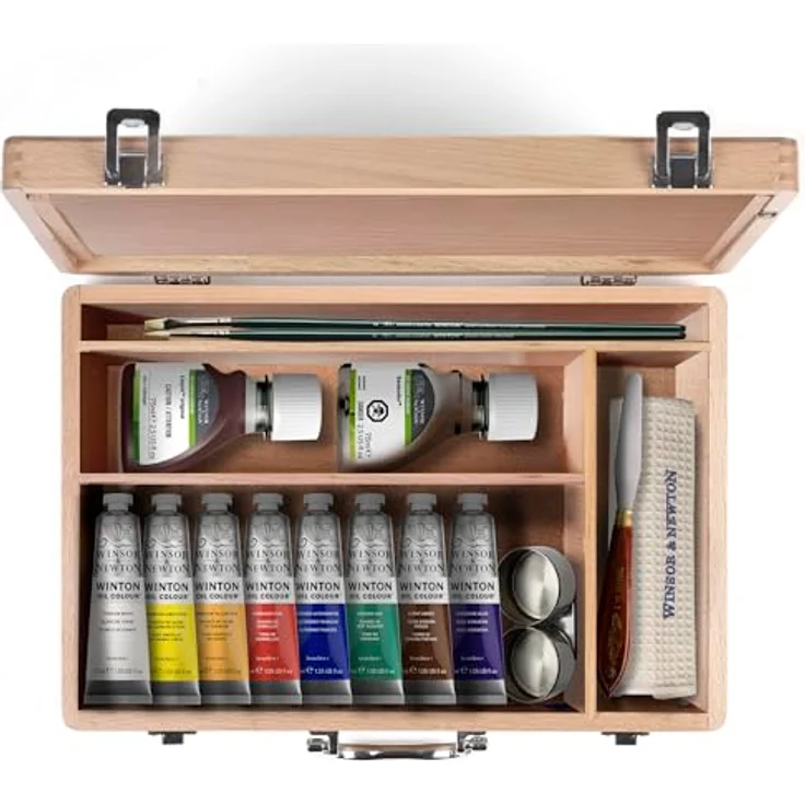 Winsor & Newton Winton Ölfarben Set im Holzkasten, 8 Ölfarben inkl. Titanweiß, Dioxazine Blau, 37ml Tuben, mit Liquin Original und Sansodor, Zubehör enthalten – Bild 3