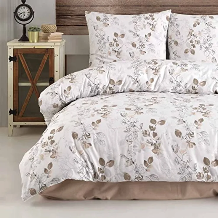 Buymax Bettwäsche 135x200 Baumwolle 2-Teilig Bettgarnitur mit Bettbezug und Kissenbezug 80x80 Renforce Bettwäsche-Set Botanisch Herbstlich Blätter Zweige Äste, Weiß Taupe - Preisvergleich