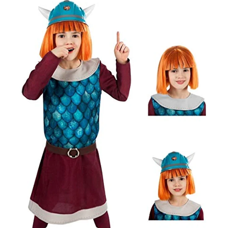 Maskworld Wickie der schlaue Wikinger-Junge - Kinder-Kostüm mit Perücke und Helm - 6-teilig - Lilafarbene Tunika - Karneval-Verkleidung (110-116) – Bild 1