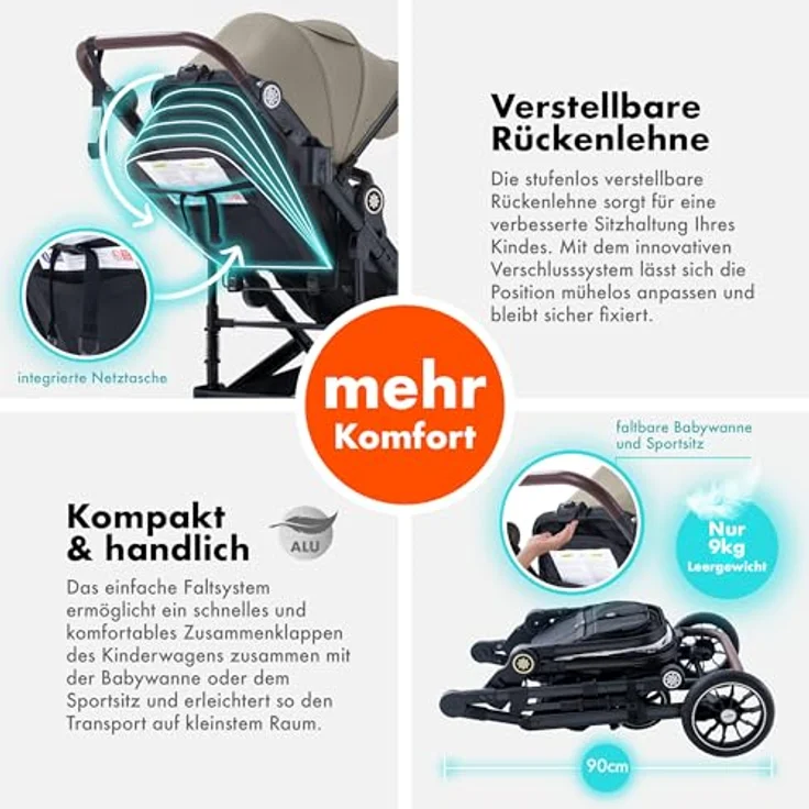 Daliya® NEOMOVE 2in1 Kombikinderwagen, Babywanne & Sportsitz, Alu-Rahmen, leicht und stabil, großen Einkaufskorb, Schwarz/Beige – Bild 4