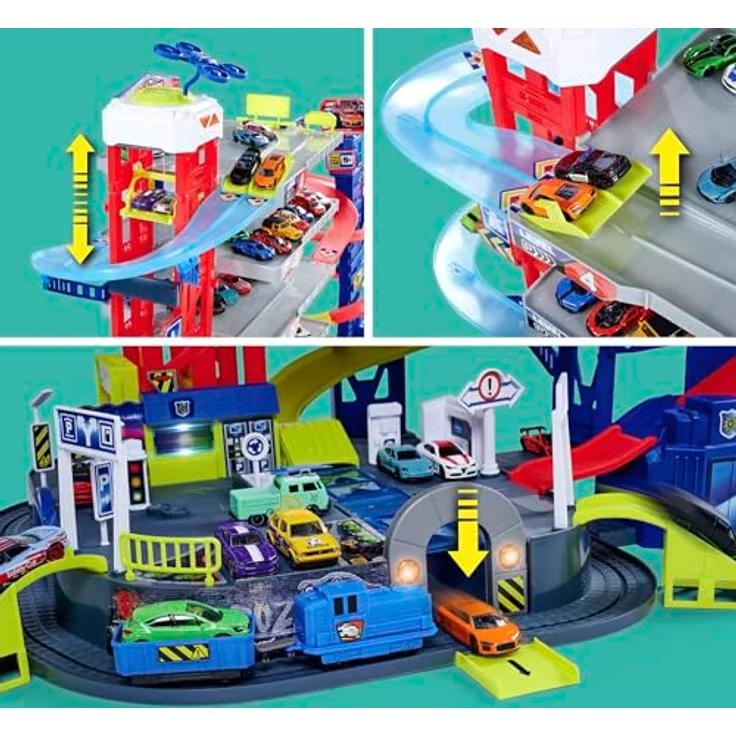 Majorette Super Chase Center, Parkhaus mit 6 Etagen, Verfolgungsjagd, inkl. 4 Die-Cast Spielzeugautos, Zug, Aufzug, Licht & Sound, Black – Bild 5