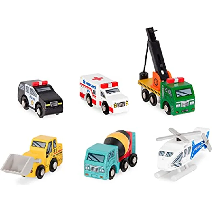 Battat Holzfahrzeuge Set 1, 6-teiliges Spielzeug-Fahrzeug-Set mit Mini-Rettungs- und Baufahrzeugen für Kinder ab 3 Jahren
