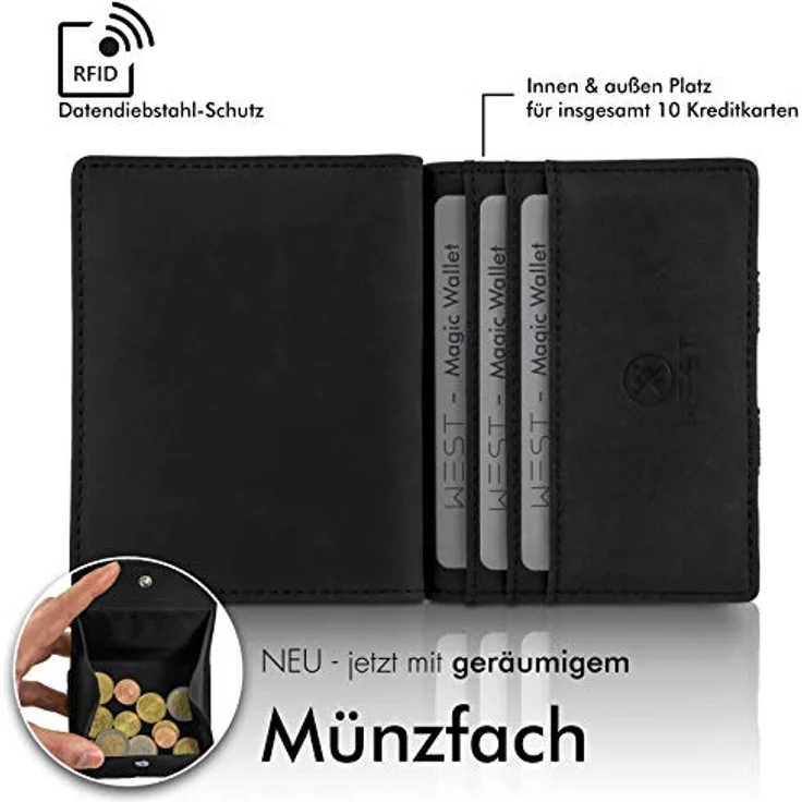 WEST Geldbörse - Magic Wallet (Klassiker) mit großes Münzfach - inklusive Geschenkbox (Geldbeutel mit Münzfach - Der perfekte Begleiter für unterwegs - RFID Datenschutz) – Bild 2