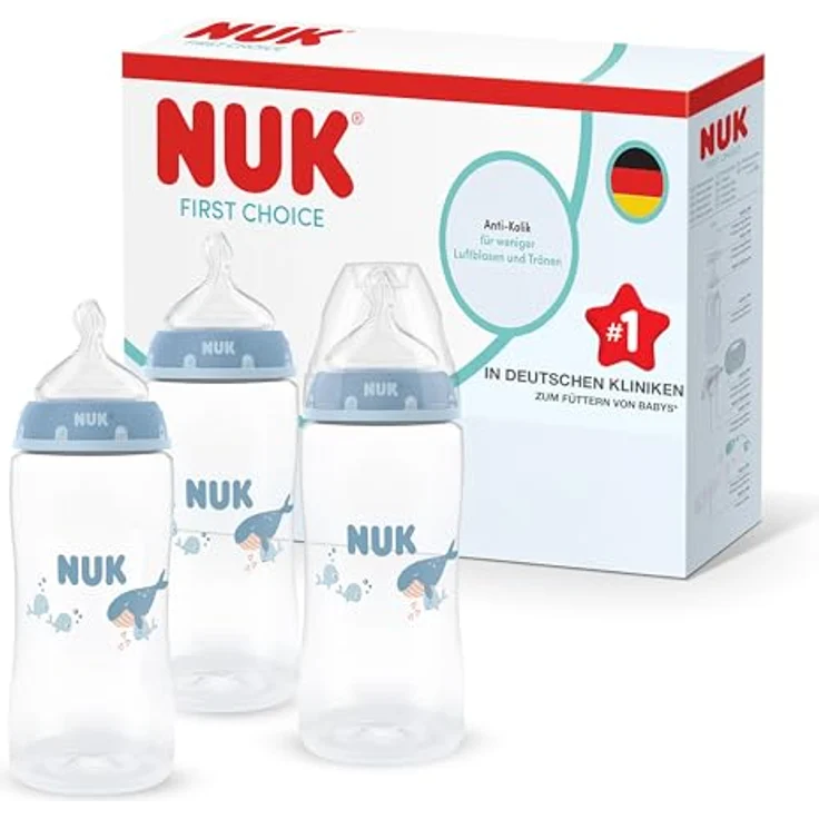 Nuk PP-Flasche First Choice Plus 3er Pack mit Silikon-Sauger Gr. M, Temperature Control 300 ml, Wal – Bild 1