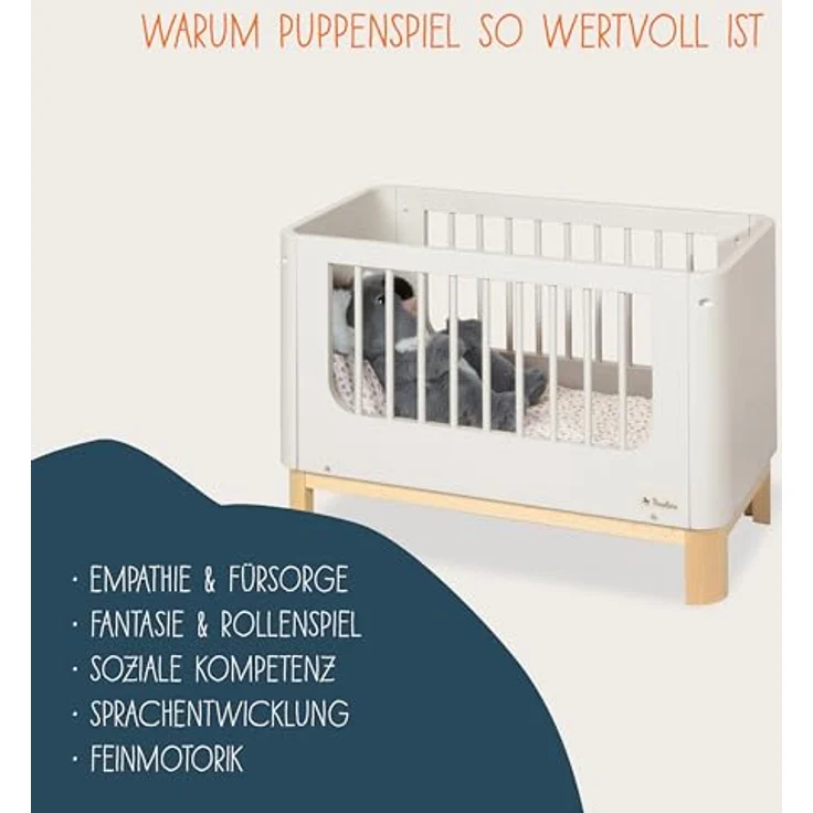 Pinolino Puppenbett Malea, 4-tlg. inkl. 3-tlg. Bettzeug Blümchen, Rosa - Weiß, stabil und kindgerecht – Bild 6