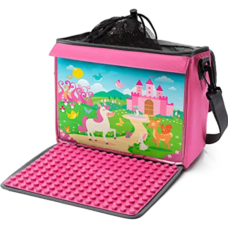 fantifant Baustein-Tasche mit ausklappbarer Bauplatte, Größe L für große Bausteine, prinzessinnenpink, nachhaltiges Material