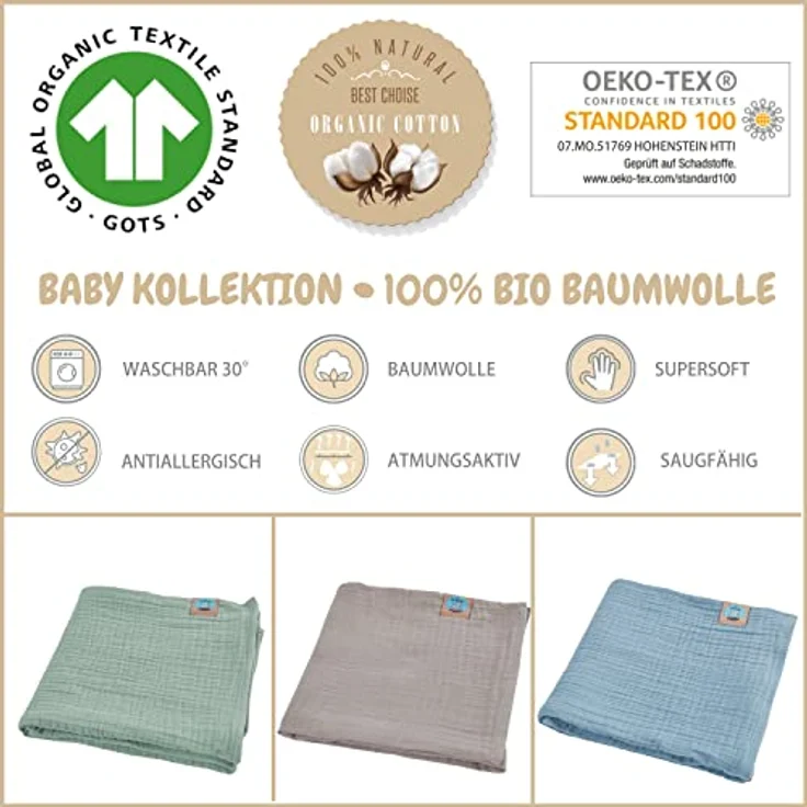 sei Design 4fach Musselin Pucktuch - Babydecke - Mulltuch oder Mullwindel als 3-Pack 80x80 – Bild 2
