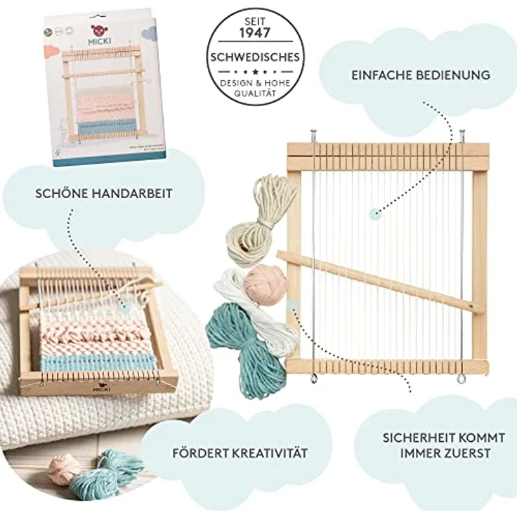 Micki Webrahmen Kinder - Kinder Webrahmen mit Garn und Webnadel - Bastelset Kinder 3 Jahre und älter - Weben für Kinder DIY Set - Webrahmen viereckig - Webstuhl Kinder basteln - Holz Webrahmenset mit viereckigem Rahmen und vielfältigem Garn - by – Bild 2