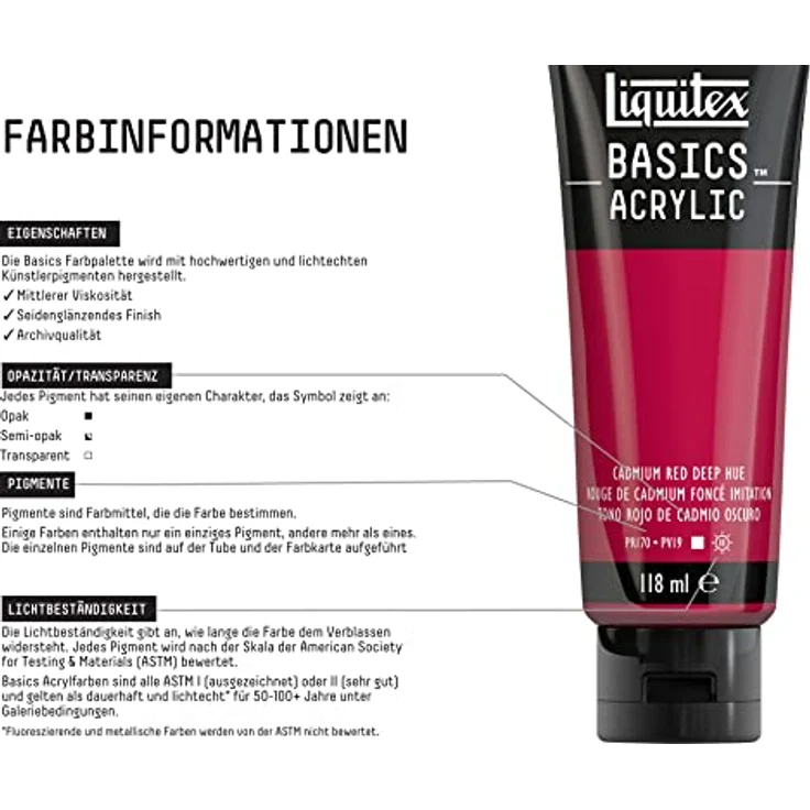 Liquitex 8870023 Basics Acrylfarbe - Kadmiumrot Dunkel, lichtecht, mittlere Viskosität, Archivqualität, seidenglänzender Finish, 118ml Tube – Bild 3