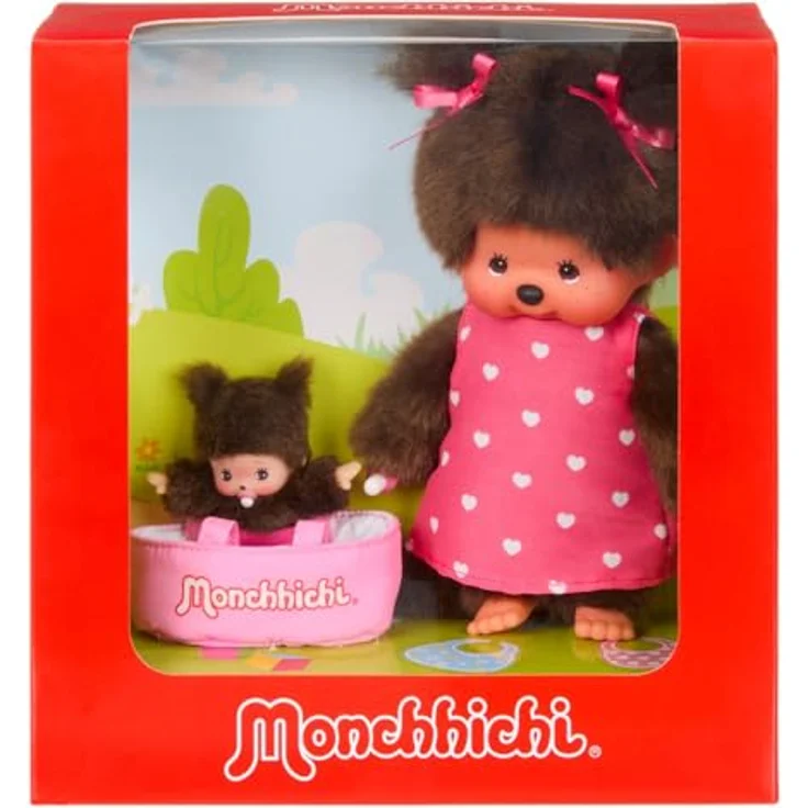 Sekiguchi Monchhichi Mutter & Kind Tragetasche, 20 cm Puppe in Geschenkverpackung mit Nuckel, braun – Bild 2