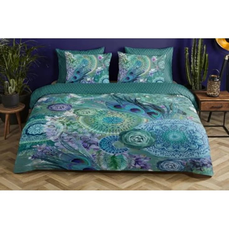 Hip Satin Wende-Bettwäsche Kari natürlich 100% Reine Baumwolle | Bettwäsche Set blau grün mit Pfauenfedern Mandalas | 200 cm x 200 cm Azur-blau, Kinderbettwäschen – Bild 2