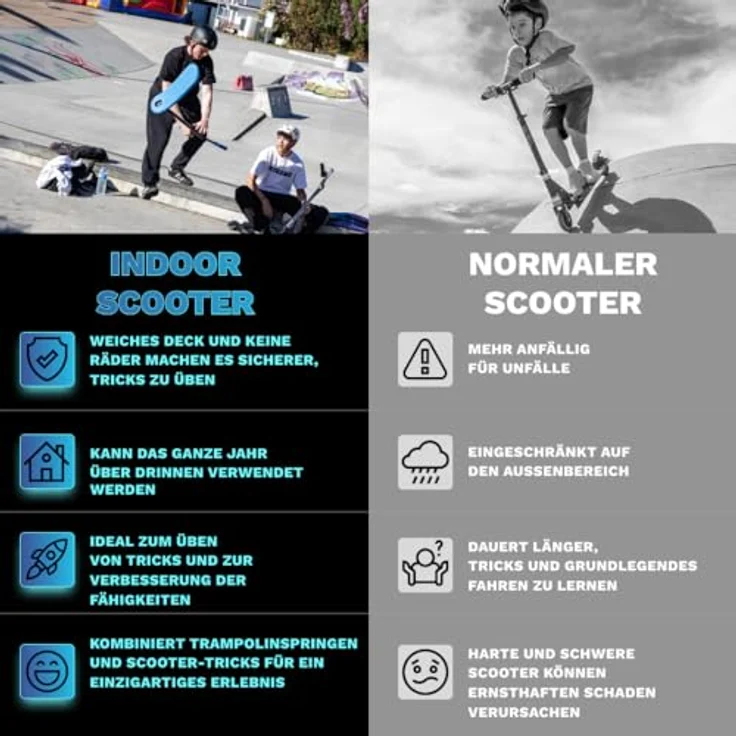 Indo Trampolin Scooter PRO V2, schwarzes-blaue Stunt-Scooter mit leichtem Schaumstoffdeck und Aluminumlenker für Fortgeschrittene – Bild 4