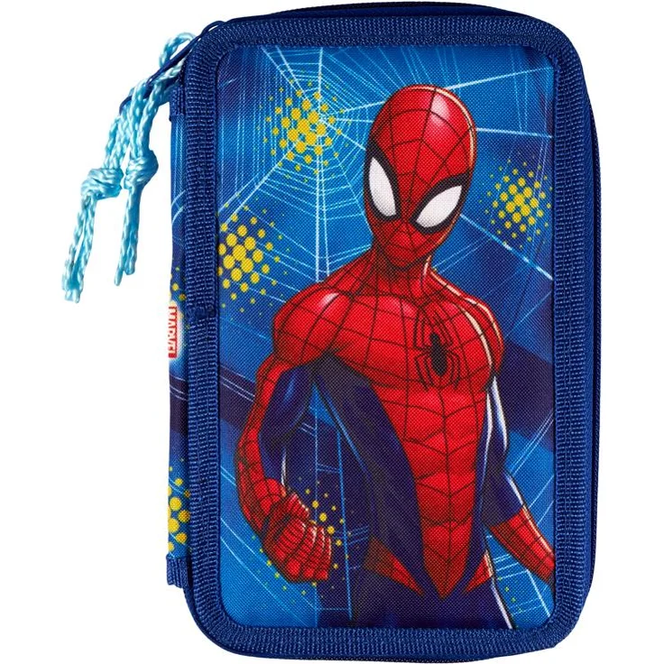 Disney Spider-Man Doppeldecker-Federmäppchen, gefüllt mit 15 cm Lineal, Bleistiften, Radiergummi und Notizblock, 300D Nylon, 19,5 x 12,5 x 4 cm