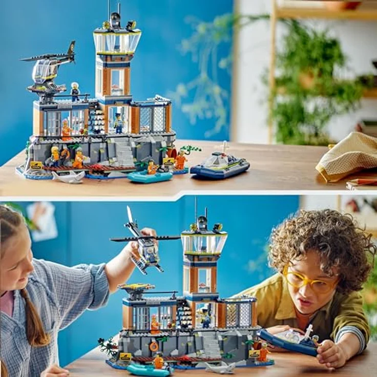 LEGO City Polizeistation auf der Gefängnisinsel, Polizei-Spielzeug mit Hubschrauber, Boot und Hai, Set mit 7 Minifiguren und Hund, Geschenk zum Geburtstag für Jungen und Mädchen ab 7 Jahren 60419 – Bild 5