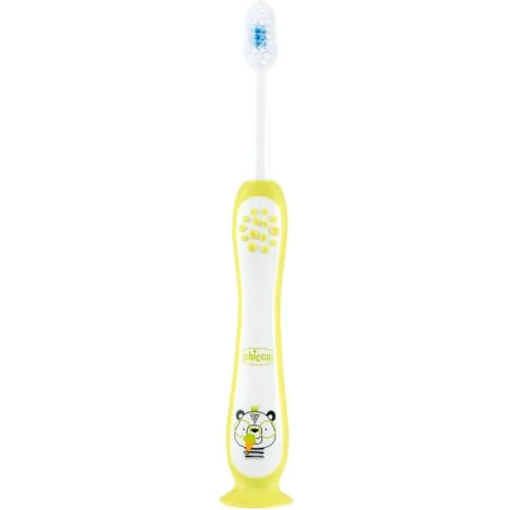 Chicco Zahnbürsten-Set, 2 Stück für Kinder, mit Saugnapf, ergonomischem rutschfestem Griff, abgerundetem Kopf und weichen Borsten, blau und gelb, für 3-6 Jahre – Bild 4