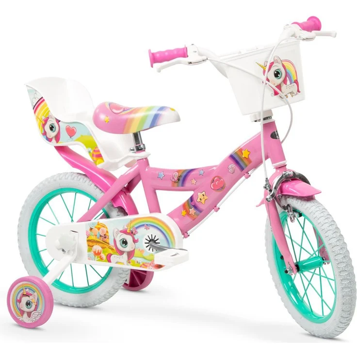 T&Y Trade Kinderfahrrad 16 Zoll Kinder Mädchenfahrrad Fahrrad Rad Bike Unicorn Einhorn 16219, Hi-Ten Stahlrahmen, Puppensitz, Korb, Luftbereifung, 1 Gang