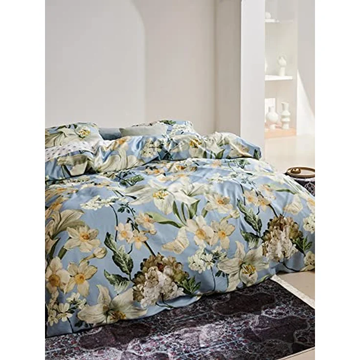 ESSENZA Bettwäsche Rosalee Iceblue Satin Blumen Blüten Lilien Hortensien Floral Eisblau Punkte Gepunktet, Größe:155 cm x 220 cm, Farbe:Iceblue – Bild 2