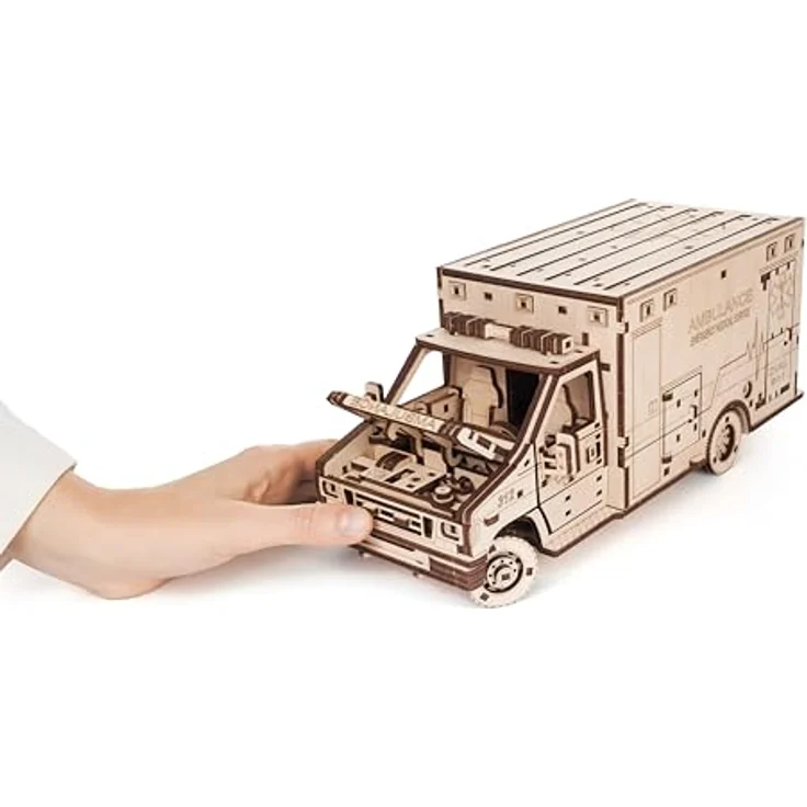 EWA Eco-Wood-Art 3D Puzzle Krankenwagen EWA, Holzmodell mit 386 lasergeschnittenen Teilen und mechanischem Aufziehmotor – Bild 4
